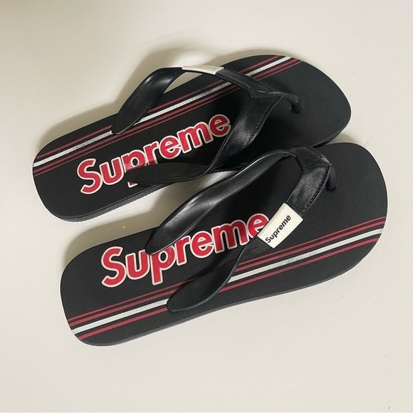 Supreme Flip Flops Sandals Beach Pool Summer Unisex In Black Red Details Size 10 - Picture 1 of 10